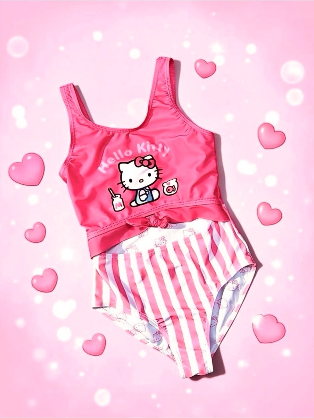 Hello Kitty by Sanrio Girls Swimsuit Pink Striped One‑Piece S 6/6X EUC